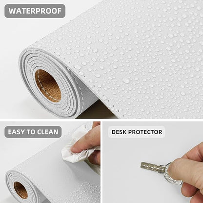 Leather Desk Protector, 47in*23.7in Large Mat with Natural Cork & PU Leather, Mouse Pad, Non-Slip Office Mat, Waterproof Writing Pad for Office and Home (Ivory White)
