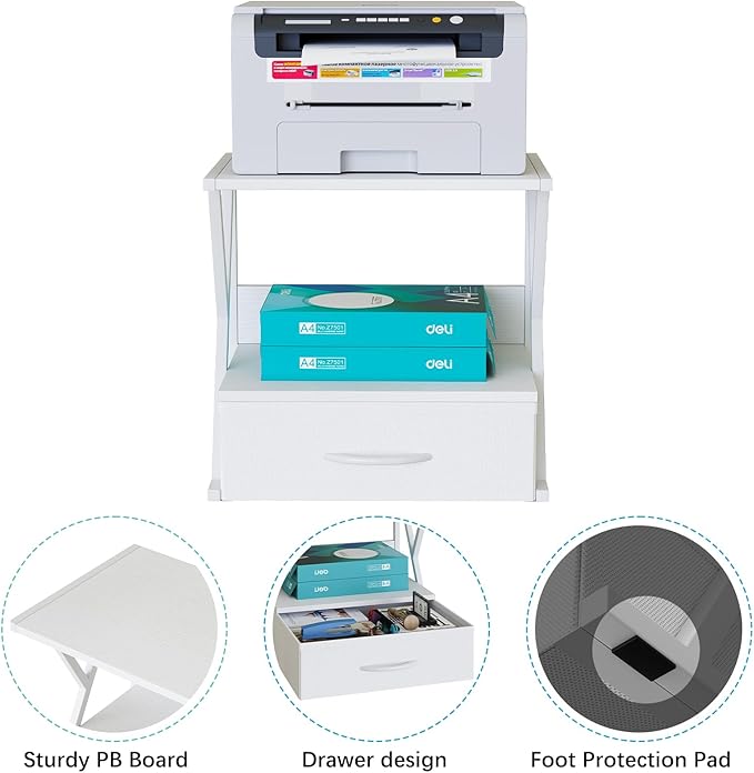 aboxoo Printer Stand for Desk with Storage Drawer, 2 Tier Desktop Or Under Desk Shelf, Multi-Purpose Desk Organizer for Home Office, fit Fax Machine/3D Printer/Scanner, White