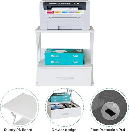 aboxoo Printer Stand for Desk with Storage Drawer, 2 Tier Desktop Or Under Desk Shelf, Multi-Purpose Desk Organizer for Home Office, fit Fax Machine/3D Printer/Scanner, White