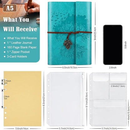 Leather Journals Notebooks with Blank Pages, Vintage Refillable Journal for Writing, Personal Travel Diary Art Sketchbook to Write in, Gifts for Women, Men, Teen Girls and Boys, 160 Pages A5 (Blue)