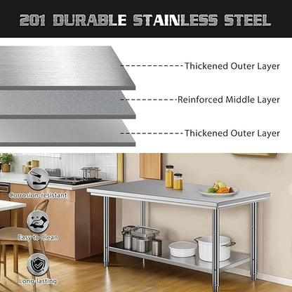 Stainless Steel Table for Work, 24 x 48 Inches Stainless Steel Prep Table with Backsplash,Adjustable Undershelf Stainless Steel Table for Commercial Kitchen, Outdoor, Restaurant, Hotel & Garage