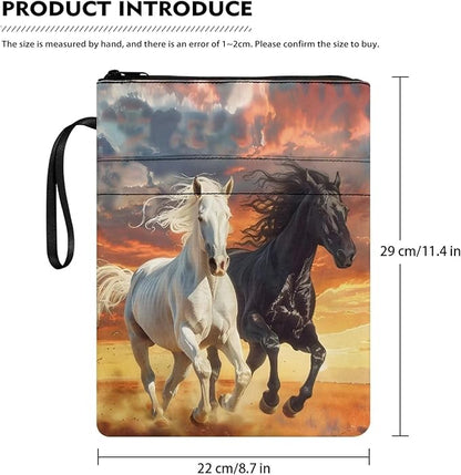 COEQINE Sunset Horse Textbook Cover for Paperbacks 9x11 Portable Book Sleeves with Zipper Portable Book Pouch Protector Book Case with Pen Holder Washable Cute Running Animal