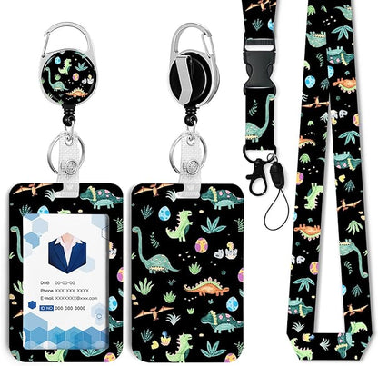 Cute Dinosaur Badge Holder with Retractable Reel and Breakaway Lanyard，Badge Clips Retractable Heavy Duty Badge Reel，Keychain，ID Holder with Breakaway Lanyard for School Nurse Office Teen