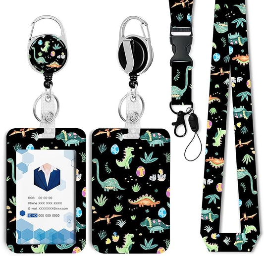 Cute Dinosaur Badge Holder with Retractable Reel and Breakaway Lanyard，Badge Clips Retractable Heavy Duty Badge Reel，Keychain，ID Holder with Breakaway Lanyard for School Nurse Office Teen