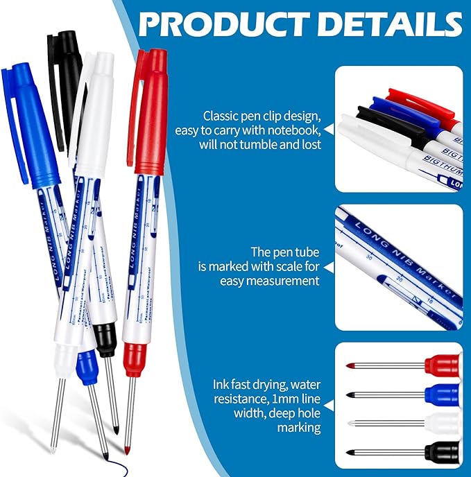 4 Pcs Deep Reach Markers Long Nose Waterproof Deep Hole Marker Carpenter Ink 30 mm Reach Permanent and Pens for Carpenters Builders Construction, 4 Colors