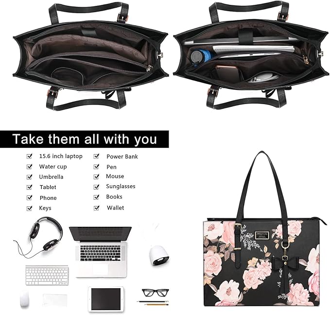 MOSISO Laptop Tote Bag Compatible with MacBook Air 15 inch M2 A2941/Pro 16 inch M3 M2 M1, 15-15.6 inch Notebook, Peony PU Leather Travel Work Briefcase with Detachable Bowknot & Small Purse, Black