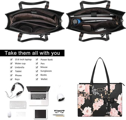 MOSISO Laptop Tote Bag Compatible with MacBook Air 15 inch M2 A2941/Pro 16 inch M3 M2 M1, 15-15.6 inch Notebook, Peony PU Leather Travel Work Briefcase with Detachable Bowknot & Small Purse, Black
