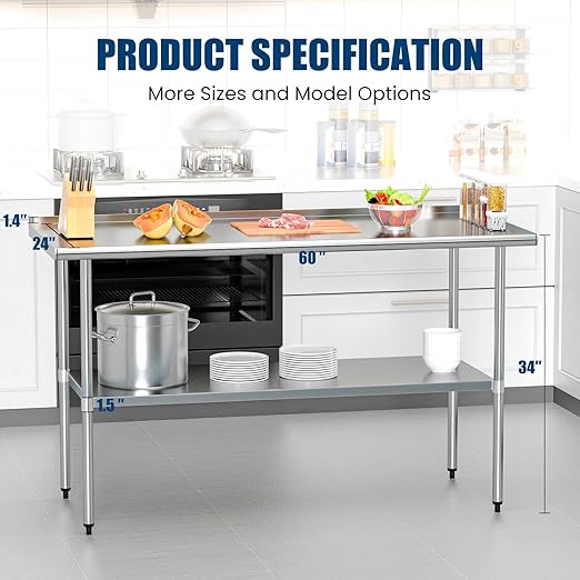 Stainless Steel Table 24 x 60 Inches Metal Prep Table with Backsplash & Adjustable Undershelf for Commercial Kitchen, Outdoor, Restaurant, Hotel & Garage