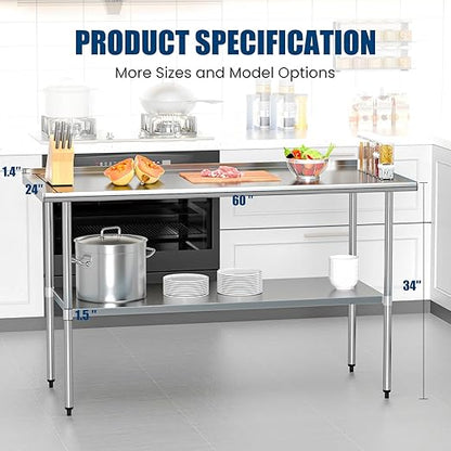Stainless Steel Table 24 x 60 Inches Metal Prep Table with Backsplash & Adjustable Undershelf for Commercial Kitchen, Outdoor, Restaurant, Hotel & Garage