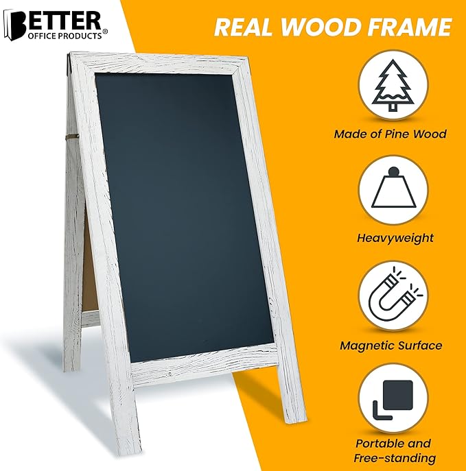 Better Office Products Magnetic A-Frame Chalkboard Sign, Extra Large 20" x 40", Standing Chalkboard Easel, with Chalk Marker + Chalk & Eraser, Sandwich Board Outdoor Sidewalk Sign,(Whitewash)