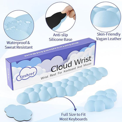 Cloud Wrist Rest Keyboard, Cloud Palm Rest Set with PU Leather Memory Foam, Cute Keyboard Rest for Wrist Support and Arm Rest, Desk Cloud Wrist Pad for PC/Gaming/Hand Cushion/Computer-Blue