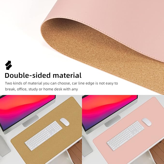 Leather Desk pad Protector, Large Desk mat with Natural Cork & PU Leather,Mouse pad,Non-Slip Office Desk Mat,Waterproof Desk Writing Pad for Office and Home (47in*23.7in, Pink)