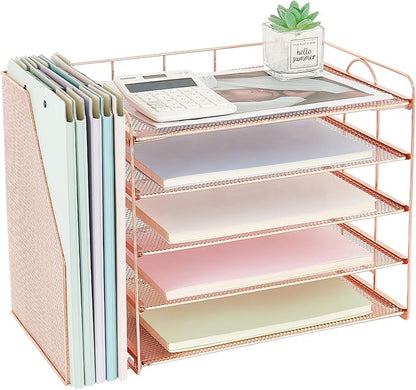 OPNCIE Desk Organizers and Accessories, 5 Tier Paper Letter Tray File Organizer, Office Organization Storage Desk Accessories Workspace Desktop Organizer for Classroom Office Supplies Decor(Rose)