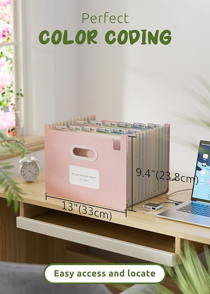 Accordion File Organizer, 12 Pockets Wheat Straw Expanding File Folders, Upright&Open Top, Monthly Bill Receipt Organizer, 100%BPA Free, Return to Nature, Healthy Living,Letter/A4 Size-Strawberry Pink