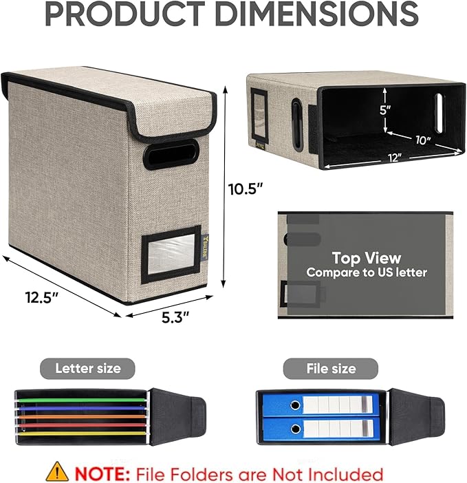 BALEINE File Organizer Box with Lid, Collapsible File Folder Organizer with Plastic Slide, Hanging File Folder Box for Office Document Storage (2 Pack, Beige, S)