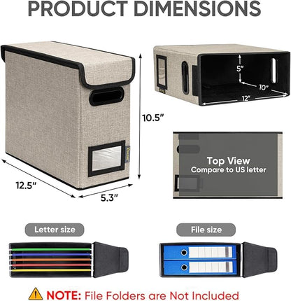 BALEINE File Organizer Box with Lid, Collapsible File Folder Organizer with Plastic Slide, Hanging File Folder Box for Office Document Storage (2 Pack, Beige, S)