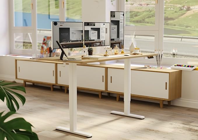 Electric Standing Desk, Adjustable Height Stand up Desk, 63x24 Inches Sit Stand Home Office Desk with Splice Board, White Frame/Nature Top