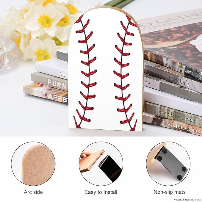 2 Pack Wood Bookends, Sport Baseball Stitches Non-Skid Book Ends for Heave Books, Decorative Bookends for Shelves Desk, Book Stoppers Book Holders for Home Office Library School