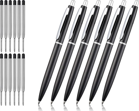 ChaoQ 6 Pcs Retractable Metal Ballpoint Pens, for Gift, Business, Office, 1.0mm Medium Point Black Ink, 12 Extras Replaceable Metal Refills - Black