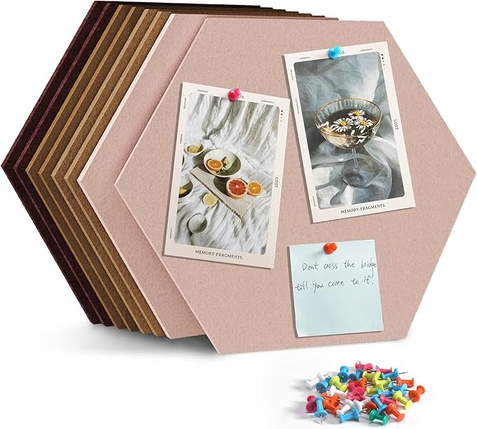 12" Large Bulletin Board with 30 Push Pins, Pack of 8 Hexagon Felt Pin Board Notice Boards for Home Office Kitchen, Felt Wall Tiles for Photos Memos (Yellow Brown)