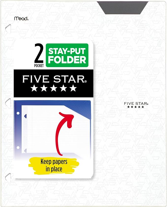 Five Star 2-Pocket Folder, Plastic Folder with Stay-Put Tabs, Fits 3 Ring Binder, Holds 8-1/2" x 11" Paper, White (333420I-ECM)