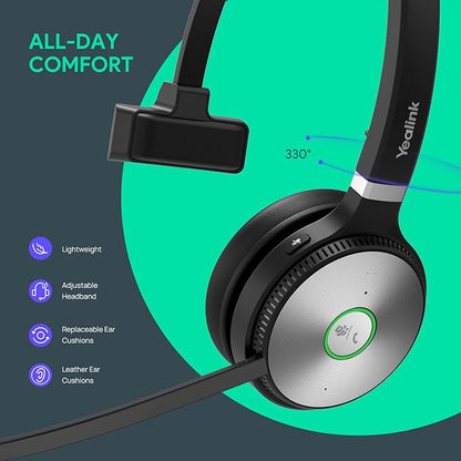 Yealink WH66 Mono Wireless DECT Headset Teams Certified,Long Wireless Range 160m/525ft,Talk Time 13H,Speaker,Work with PC/Laptop/Desk Phone,and Cell Phone (USB-A,Bluetooth),Noise Canceling Microphone