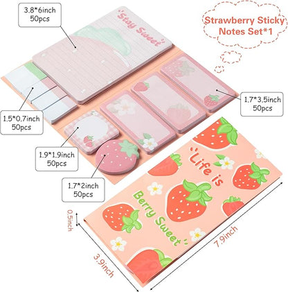 Life is Berry Sweet Sticky Notes Set, 550 Sheets, Strawberry Pattern Self-Stick Notes Pads Summer Fruit Divider Tabs Bundle Writing Memo Pads Back to School Office Supplies Small Gift