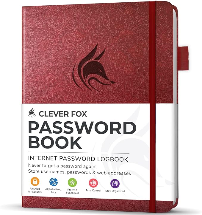 Clever Fox Password Book with Alphabetical tabs. Internet Address Organizer Logbook. Small Pocket Password Keeper for Website Logins (Wine Red)