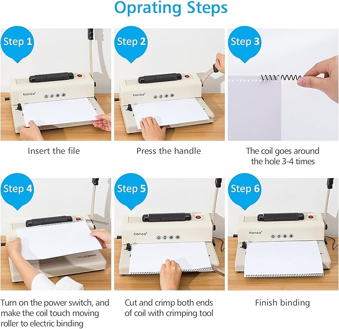 TIANSE Binding Machine, Spiral Coil Binder Machine, Electric Coil Inserter, 15 Sheets Punch Capacity, Suit for Letter Size / A4 / A5 Book Maker, with 100pcs 5/16'' Plastic Coil Binding Spines & Plier