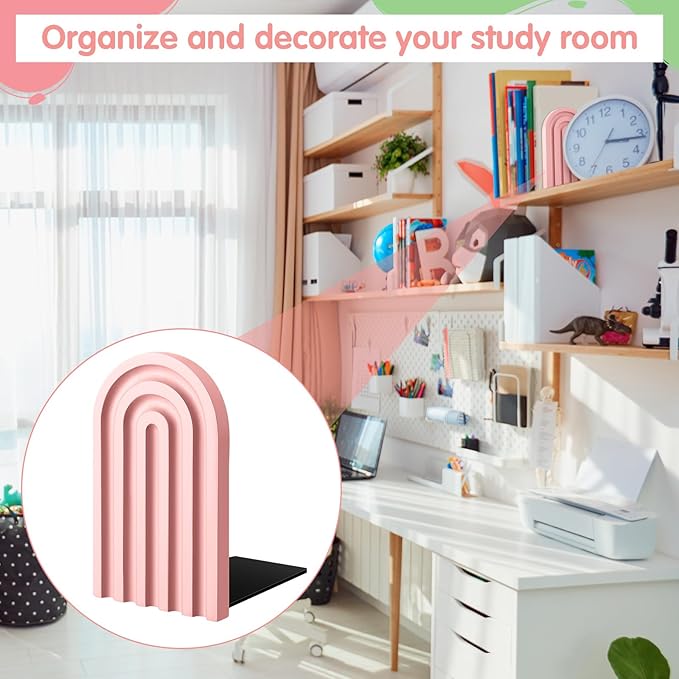 Harloon 4 Pieces Boho Arch Wood Bookends Rainbow Arch Back to School Gift Ideas Non Skid Bookend Decorative Wooden Book Stand Book Stoppers for Books Movies CDs(Pastel Color)