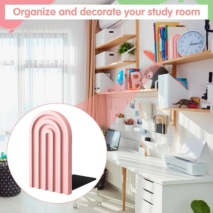 Harloon 4 Pieces Boho Arch Wood Bookends Rainbow Arch Back to School Gift Ideas Non Skid Bookend Decorative Wooden Book Stand Book Stoppers for Books Movies CDs(Pastel Color)