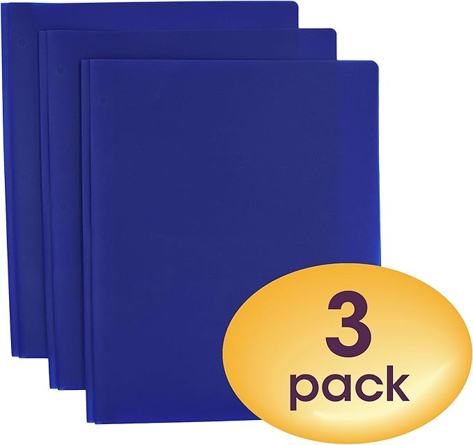 Smead Poly Two-Pocket Folder, Three-Hole Punch Prong Fasteners, Letter Size, Blue, 3 per Pack (87731)