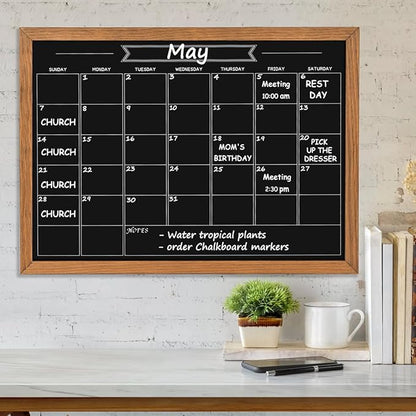 Calendar Chalkboard, 17.7" * 23.6", Magnetic Surface Rustic Brown Solid Pine Wood Frame Chalk Board for Planning/School Timetable/Memo, Hanging Board for Office, School and Home(YLHB-QZ-4560)