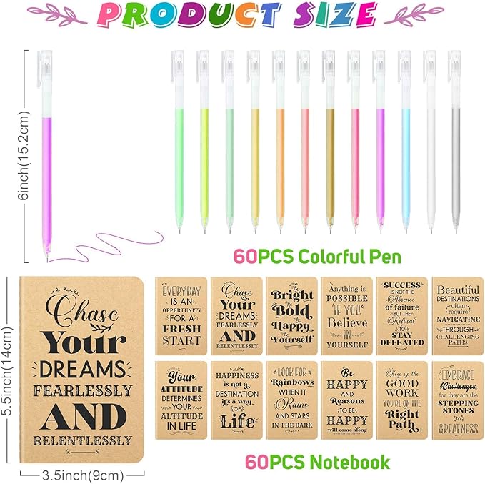 60 Pcs Mini Inspirational Notebooks Bulk with 60 Pcs Colorful Pens, Small Pocket Journal Notepads Set, Motivational Bulk Gifts for Women Men Teacher Student Kids, Fun School Office Supplies,3.5"x5.5"