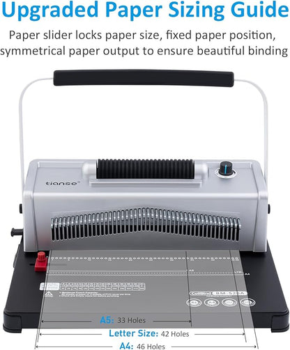 TIANSE Spiral Coil Binding Machine, Manual Book Maker Punch Binder with Electric Coil Inserter, Comes with 100pcs 5/16" Plastic Coil Binding Spines & Plier for Letter Size, A4, A5 or Smaller Sizes