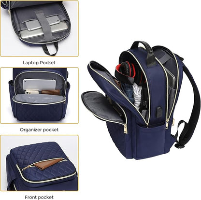 Modoker 15.6 Inch Laptop Backpack for Women, Quilted Work Backpack for Women Bookbag Teacher Backpack, Travel Backpack with USB Charging Port, Backpack Purse for Women Nurse, Blue