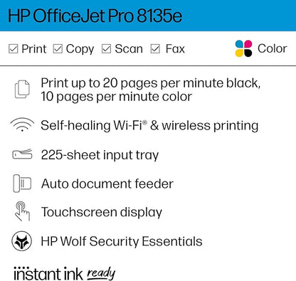 HP OfficeJet Pro 8135e Wireless All-in-One Color Inkjet Printer, Print, Scan, Copy, Fax, ADF, Duplex Printing, Best-for-Home Office, 3 Months of Instant Ink included (40Q35A)