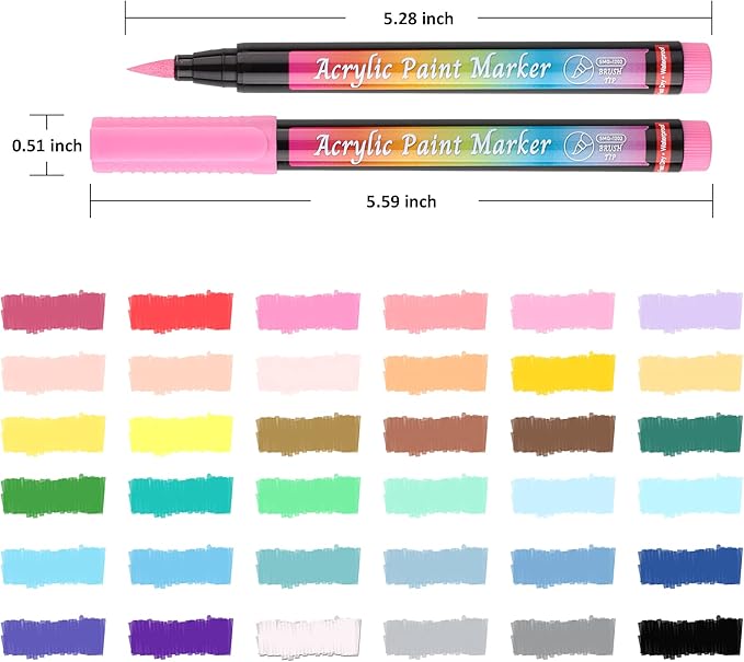 SMOOTHERPRO 36 Acrylic Paint Pens, Brush Tip (1-6mm) Acrylic Paint Markers, Fabric Markers for Textile, Canvas, Rock, Glass, Wood, Paper, Pumpkin, DIY