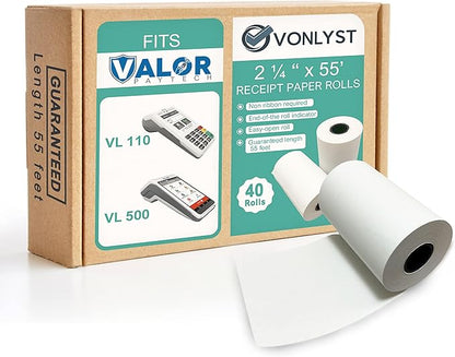 Receipt Paper Roll for Valor Paytech VL 110 and VL 500 Credit Card Machine (40 Rolls)