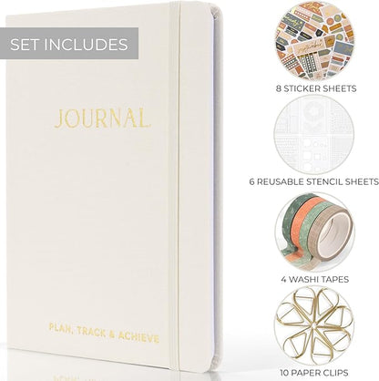 ZICOTO Ultimate All-in-One Journaling Kit - Incl. Journal Notebook With Linen Hardcover and Dotted Pages, Stencils, Stickers, Washi Tapes, Paper Clips and More Bullet Checklist Supplies