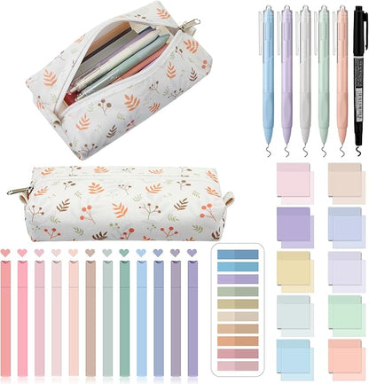 Jutom 39 Pcs Aesthetic Book Annotation Kit Pencil Case Bag with Highlighter Gel Pen 700 Sheets Transparent Sticky Notes Pads Index Tab Bible Study Supplies for School(Beige,Floral Style)