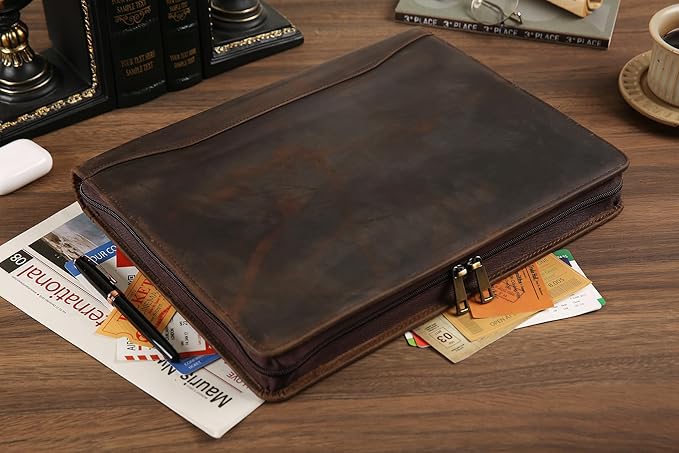 Portfolio Binder 3 Ring, Leather Binder Portfolio Folder for Left-Handed, Zippered Portfolio Padfolio Binder for Women, Leather Portfolio Organizer for Men (Dark Khaki, Non-Custom)