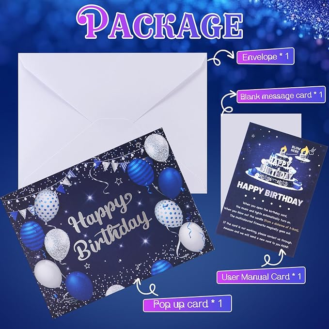 Musical Birthday Cards, 3D Pop Up Card with Music and Light, Firework Greeting Card with Interactive Blowable Candle, Birthday Gift for Her Him Mom Grandma Wife Husband (Blue and Silver)