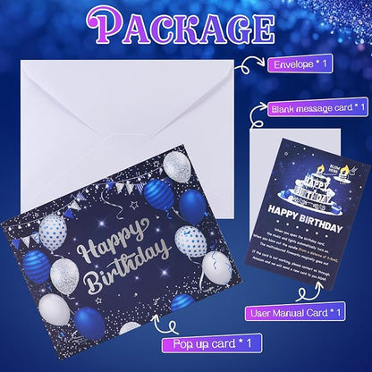 Musical Birthday Cards, 3D Pop Up Card with Music and Light, Firework Greeting Card with Interactive Blowable Candle, Birthday Gift for Her Him Mom Grandma Wife Husband (Blue and Silver)