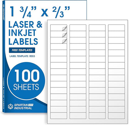 1 3/4" X 2/3" Matte White Return Address Labels Compatible with Inkjet and Laser Printers - 100 Sheets, 6000 Small Printable Stickers for Mailing, Barcodes, Organization - Spartan Industrial