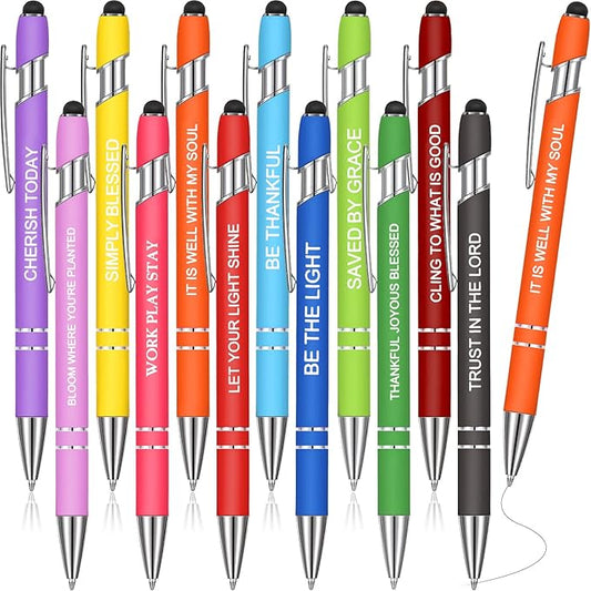 Zonon 12 Pieces Inspirational Pens Bulk Easter Basket Stuffers Motivational Quotes Ballpoint Pens with Stylus Tip Inspirational Gifts for School Office Teachers(Fresh Color,Bible Style)