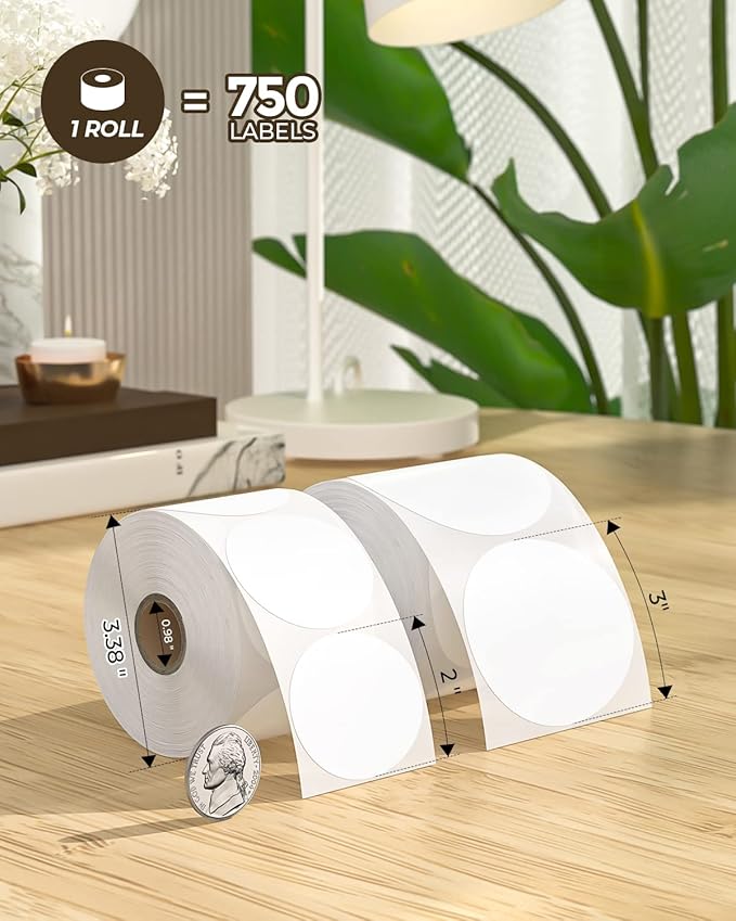 MUNBYN 2 Inch Circle Thermal Sticker Labels, Self-Adhesive Round Direct Thermal Labels, Multi-Purpose Roll Thermal Stickers for Business, 4 Rolls/3000 Labels