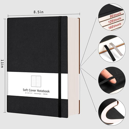 AHGXG Bullet Dotted Journal - Large A4 Notebook Dotted, 8.5''×11'', 320 Pages Dot Grid Notebook, 100gsm Thick Paper, Leather Softcover, with Journal Stencils, Inner Pocket - Black