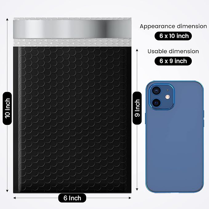 Fuxury Bubble Mailer, 6x10 Inch Bubble Mailers 50 Pack, Self-Seal Adhesive Padded Envelopes, Water Resistant Mailers, Shipping Envelopes for Packaging, Small Business, Mailing,Bulk Black #0