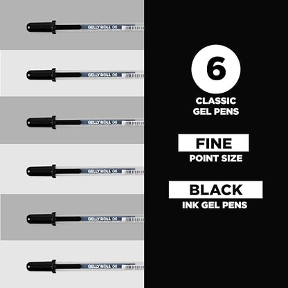 SAKURA Gelly Roll Gel Pens - Fine Point Ink Pen for Journaling, Art, or Drawing - Classic Black Ink - Fine Tip - 6 Pack